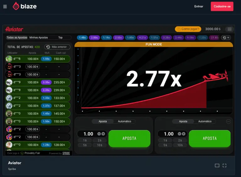 Interface do jogo de avião (Blaze Aviator).